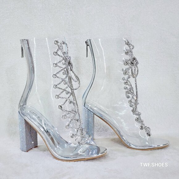 See Me Silver Rhinestone Laces Heels Clear Upper Open Toe Ankle Boots NEW - Picture 11 of 14